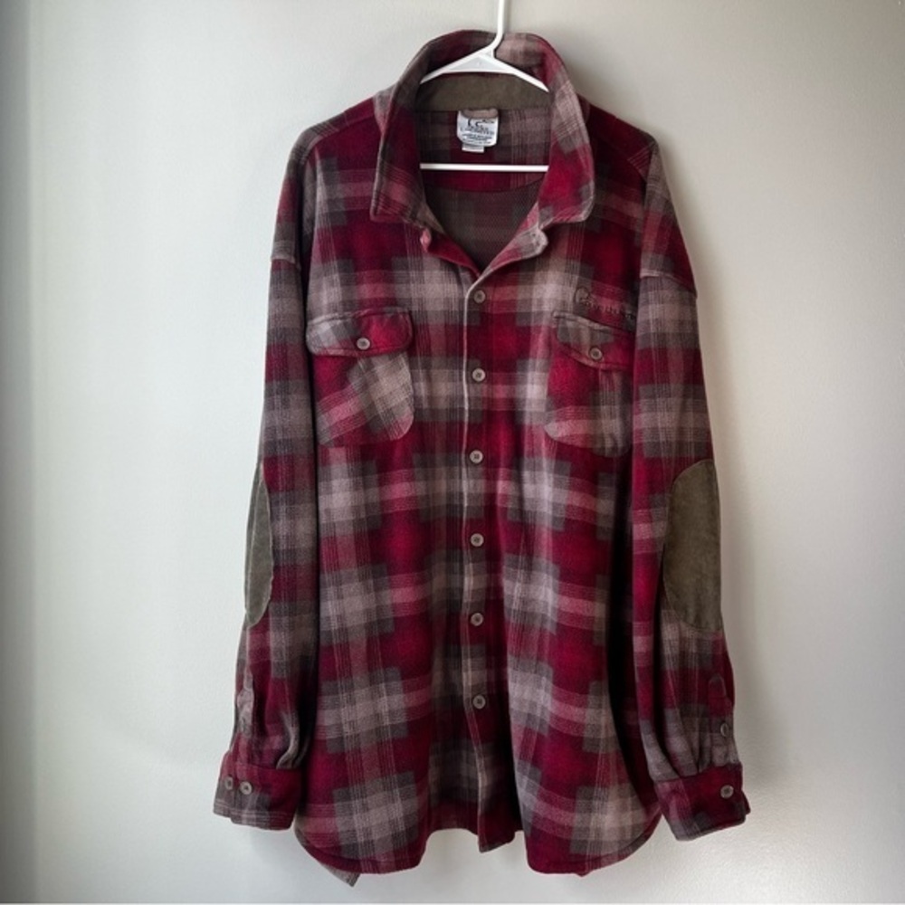 VTG Ducks Unlimited Men's 3XL Red Brown Plaid Fleece LS Shirt Elbow Patches